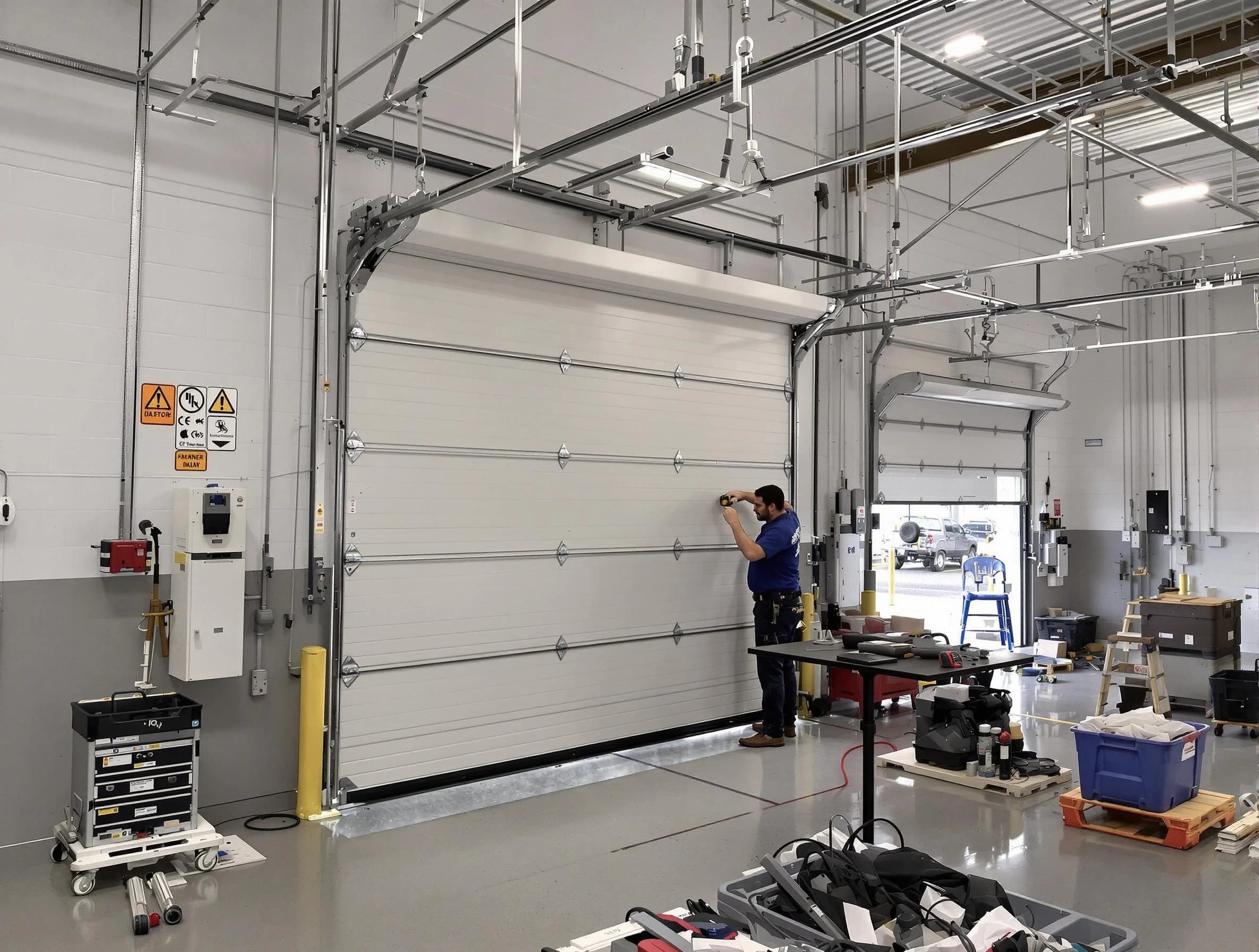 Commercial garage door repair being performed by Loganville Garage Door Repair expert in Loganville