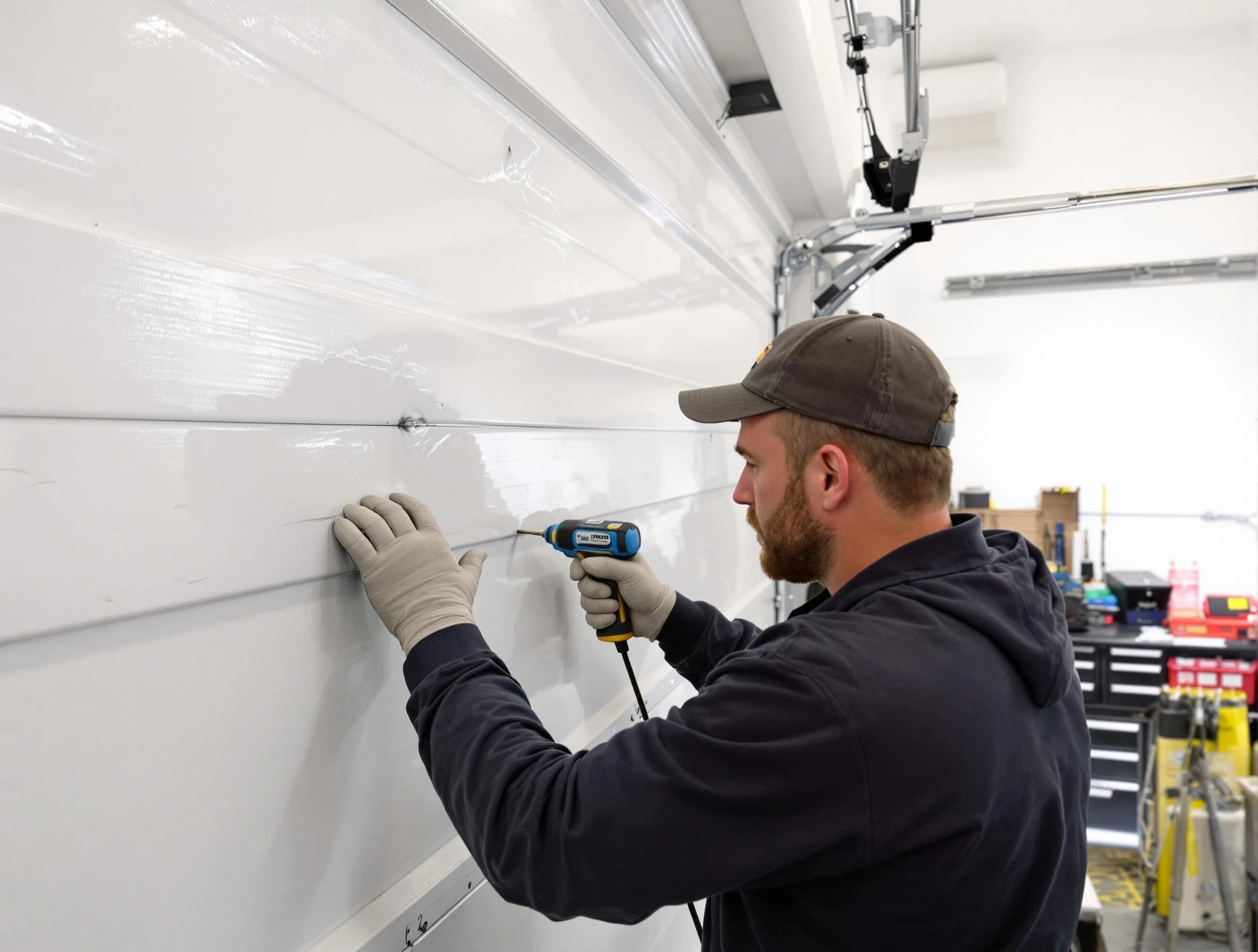 Loganville Garage Door Repair technician demonstrating precision dent removal techniques on a Loganville garage door